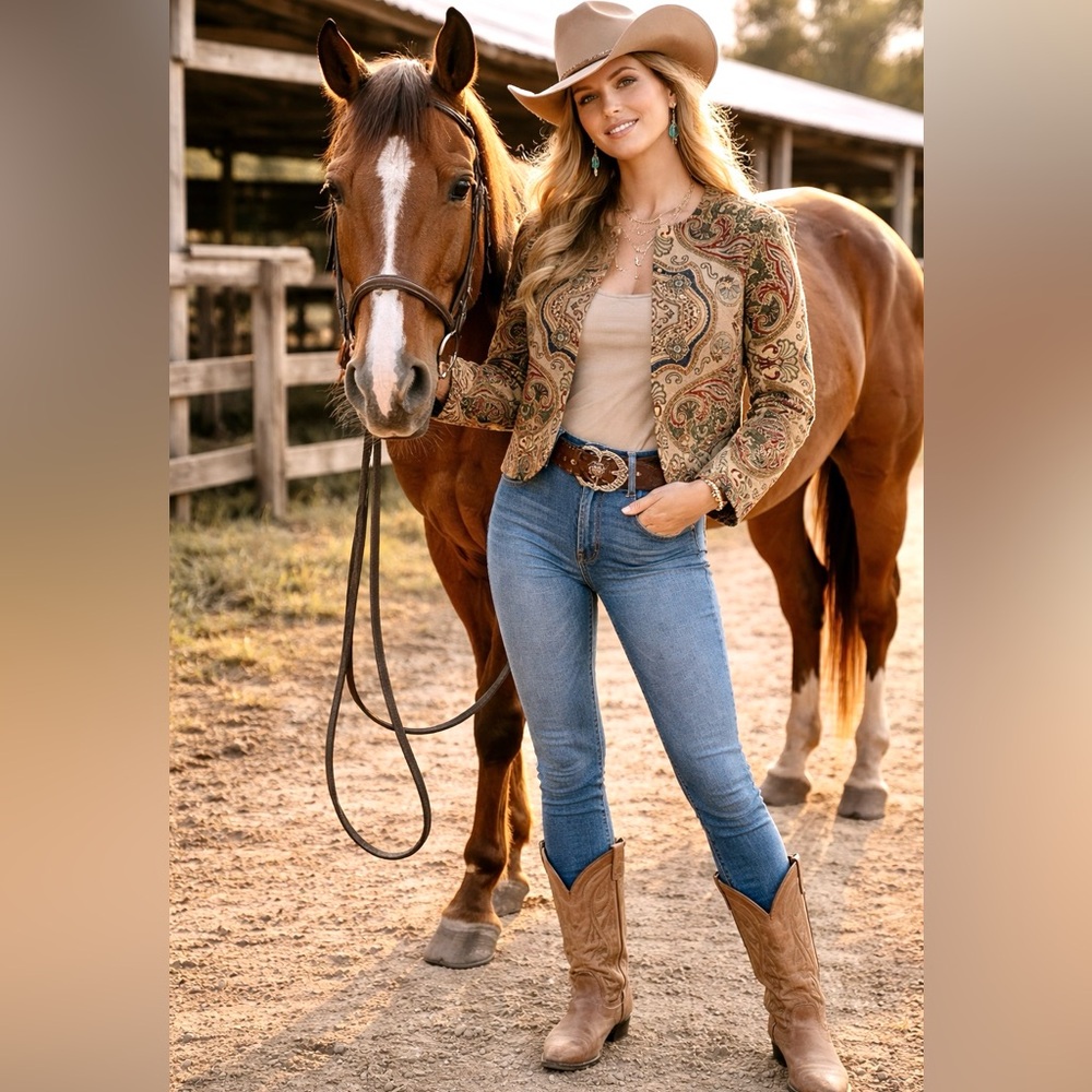 Jacquard Suttles & Seawinds by Vicky Lynn Bordon spring jacket w equestrian vibe
